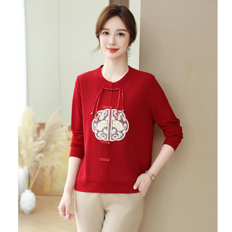 Herbst und Winter Neu Mittleren Alters und Ältere Damenmode Lässig Neu Chinesisch Pullover Langarm T-Shirt Pendler