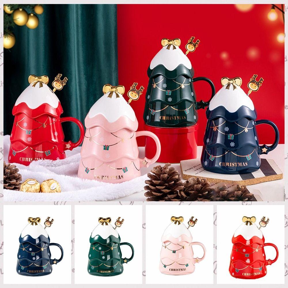 with Lid and Spoon Christmas Tree Ceramic Mug Ceramic Christmas Coffee Cup Decorative   Beer