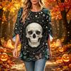 Women's Casual Loose Fit Three-Quarter Sleeve Neck Top with Halloween Print