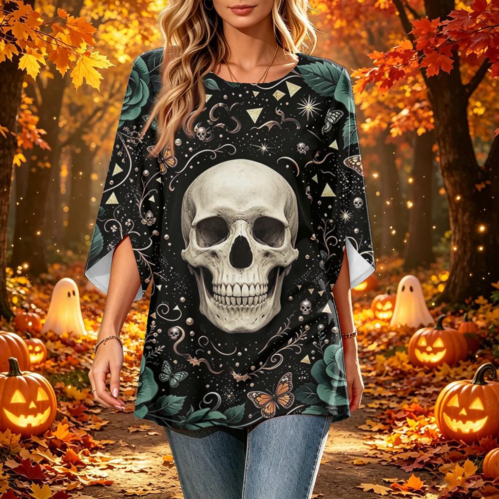 Women's Casual Loose Fit Three-Quarter Sleeve Neck Top with Halloween Print