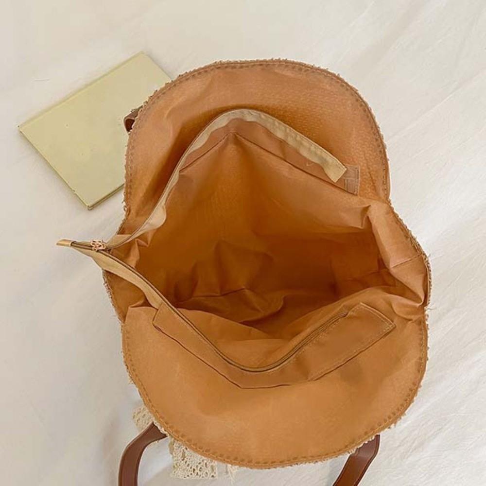 Sweet Straw Woven Tote Bag Large Capacity with Bow Ribb Commuting Shoulder Bag Lightweight Khaki Seaside Vacati Handbag