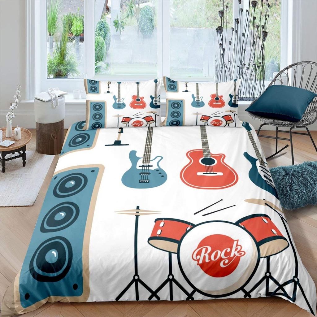 Rockmusik Weiß und Schwarz Bettbezug Doodle Zeichnung Skizze Schlagzeuger Musikalische Inspirationen Monochromes Arrangement Dekorativ Kinder