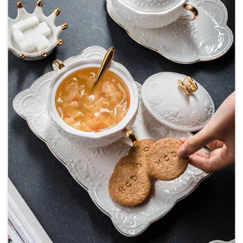 European Embossed Butterfly Ceramic Bowl with Lid & Double Handles, Breakfast, Dessert & Oatmeal Bowl
