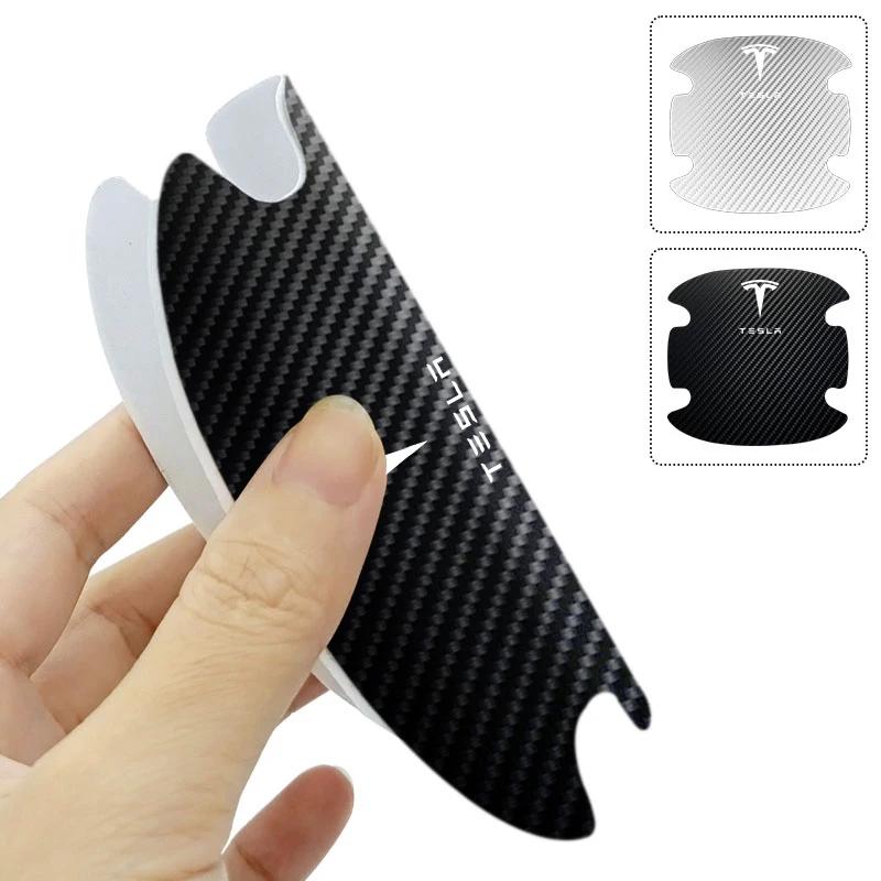 BFNWZ1 4Pcs/Set Car Door Handle Sticker Carbon Fiber Scratches Resistant for Tesla Model 3 Y X S TM3 TMX TMS 2016-2020 Wheel Center Cap