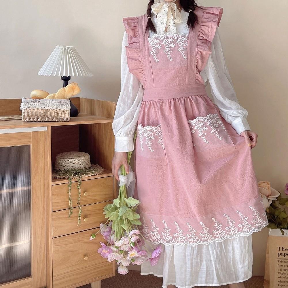 Vestido Sem Mangas com Padrão de Renda Avental Estilo Rústico Roupas de Trabalho Novo Avental de Jardim para Senhoras Meninas