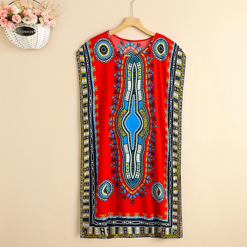 Summer Cotton Silk Loose Fit Mid-Length Bat Sleeve Dress for Women - Plus Size, Belly Covering, Slimming Beach Dress for Moms