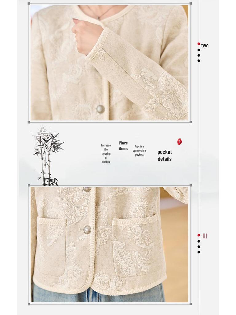 2025 Spring Embroidered Round Neck Cotton Linen Jacket ME5519