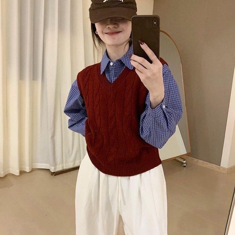 American Style Relaxed Loose Blue Plaid Shirt for Women, Spring/Autumn Casual Versatile Vintage Long-Sleeve Shirt Layered Top