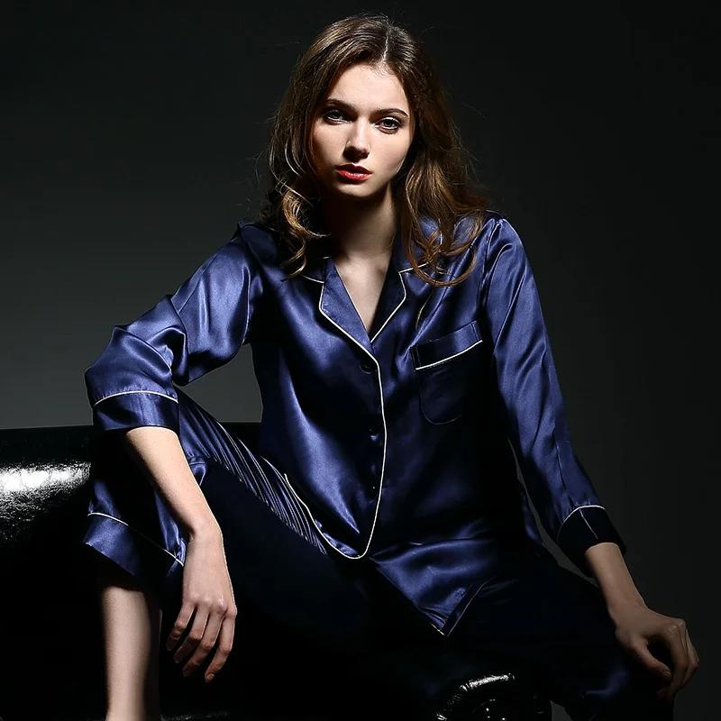 

Женский пижамный костюм Лето Осень Весна Зима Длинный рукав Двухсекционная шелковая пижама Серый XL