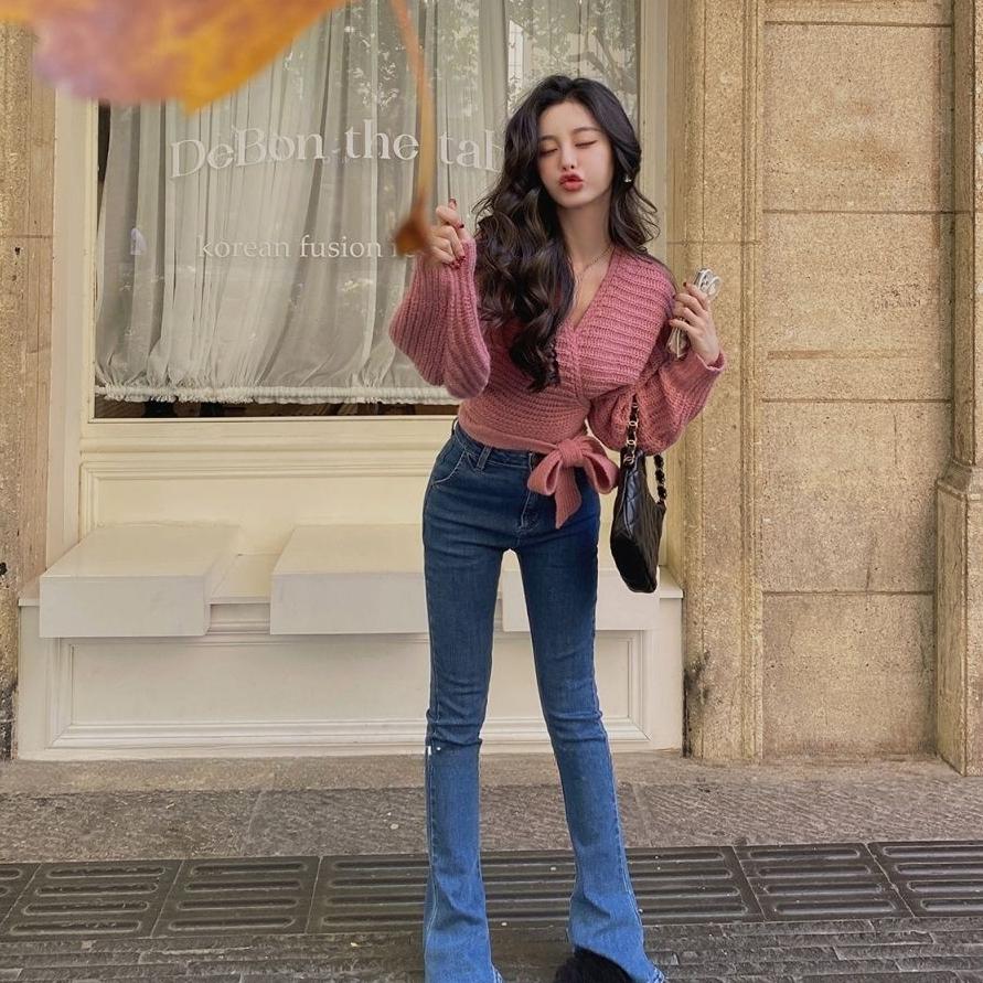 Koreanische Mode Strickjacke Pullover Frauen Herbst Vintage Spitze-up Unregelmäßigen V-ausschnitt Lose Langarm Sexy Abgeschnitten Pullover