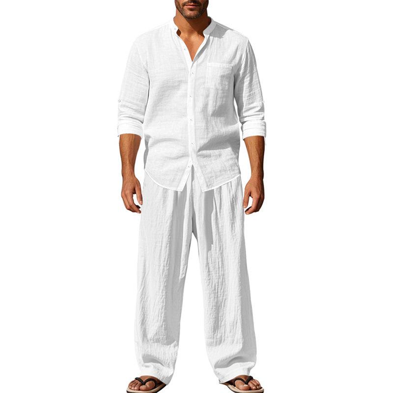 Four Seasons Linen Mens Casual Relaxed Breathable Long Sleeve Shirt Pants Set Beach Holiday Fashion Two Piece Outfit S белый