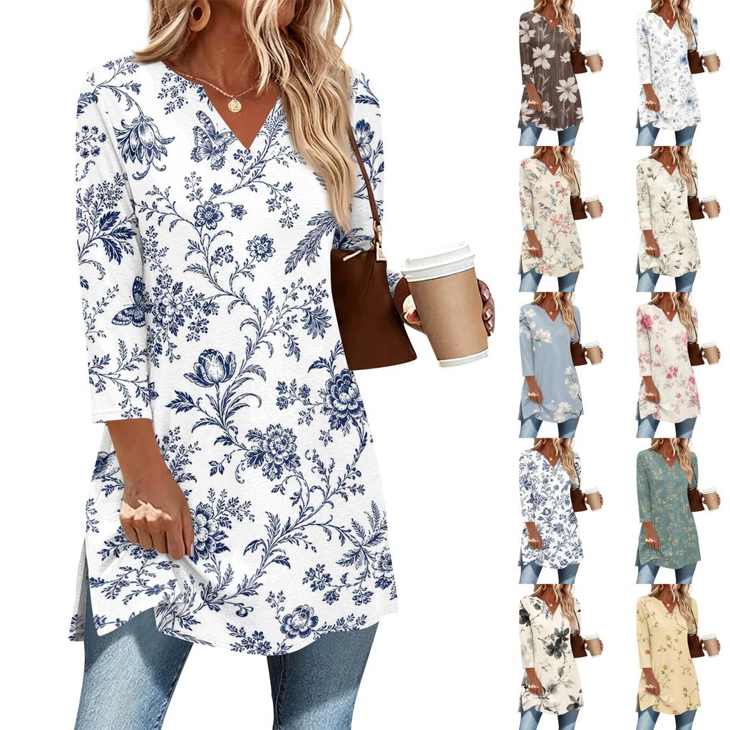 Women's Casual V Neck 3/4 Sleeve Pullover Tunic Top Floral Print Mid Length Blouse Lightweight Soft Fabric