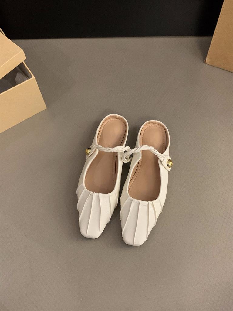 Flat bottom pleated temperament bag head half slippers women's shoes outer wear 2025 summer with skirt Mary Jane half tray single shoes