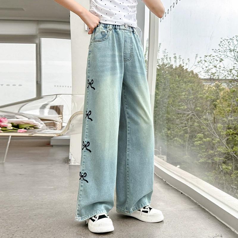 

Летние тонкие джинсы для девочек с вышитым бантом по бокам, свободные прямые широкие брюки из денима для подростков, однотонные потертые брюки 160 синий