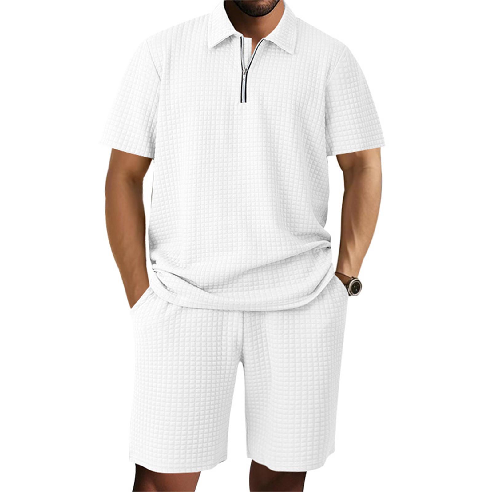 

Men S Solid Color Casual Collar Short Sleeved Shorts Two-Piece Set M
