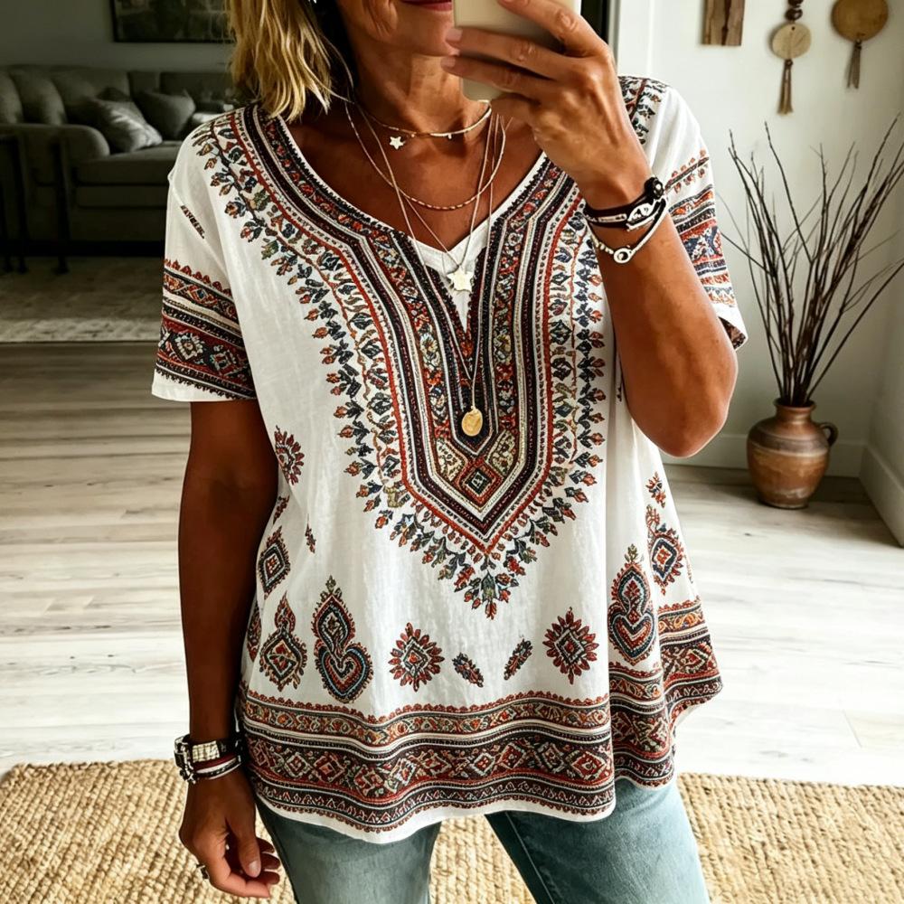 Women Boho Paisley Print Blouse V‑Neck Short Sleeve Ethnic Retro Loose Plus Size Casual Summer Tunic Top