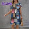 Colorful Geometric Printing Women Fashion Dress Summer Short Sleeve O-Neck Loose A-Line Dress Street Female Large Size Sundress