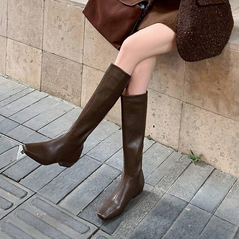 New women's leather boots cowhide high boots medium heel versatile square head zipper autumn and winter genuine leather rubber sole Martin boots