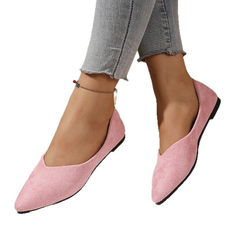 Large size pointed flat bottom shallow mouth single shoes women's new four-season suede flat heel work ladyshoes