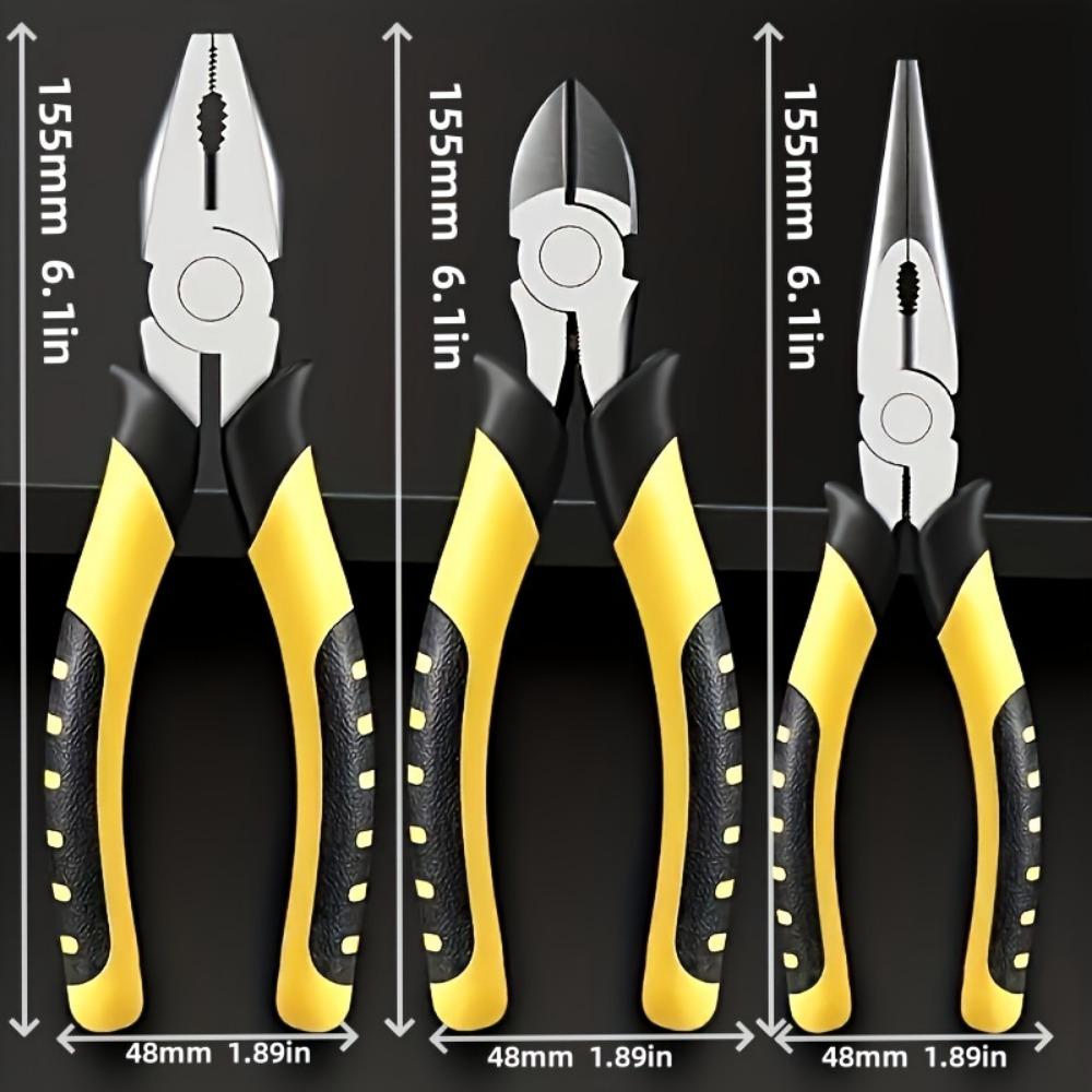 3-Piece Industrial Grade Steel Pliers Set, Electrician Special Wire Cutting Diagonal, Multifunctional Needle-Nose Hand Tools Kit
