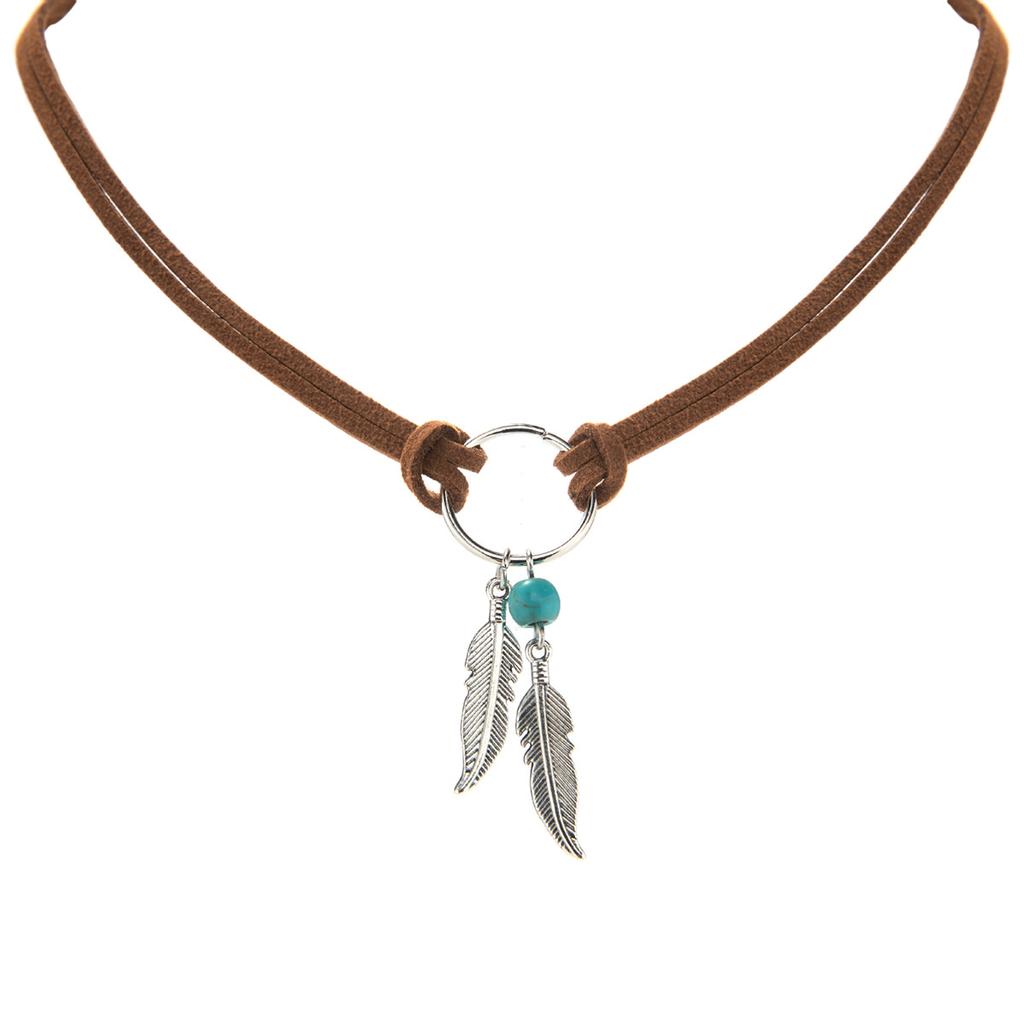 Retro Leaf Tassel Choker Woven Rope Leather Turquoise Stone Necklace Minimalist Bohemian Necklace Beach Jewelry