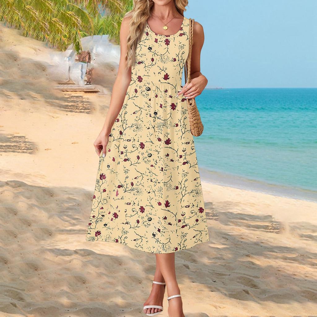 Ärmelloses Maxikleid mit Blumenprint für Damen, lässiger lockerer Schnitt, Sommer-Maxikleid mit Taschen, Rundhalsausschnitt