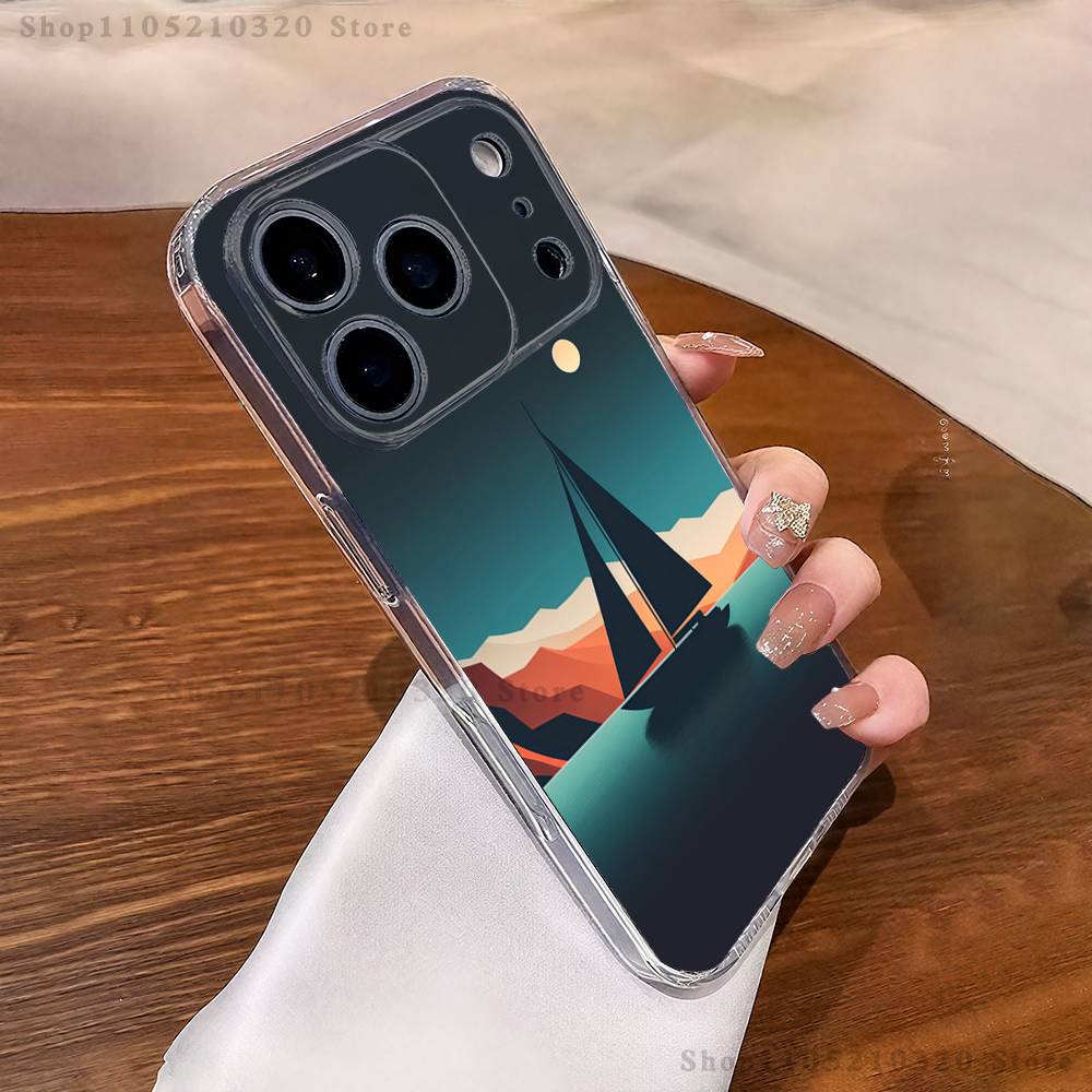 Sailing Boat Art Phone Case iPhone17 16 15 14 13 12 11 Pro Max Plus Mini Clear Full Back Cover Silicone Soft Shell