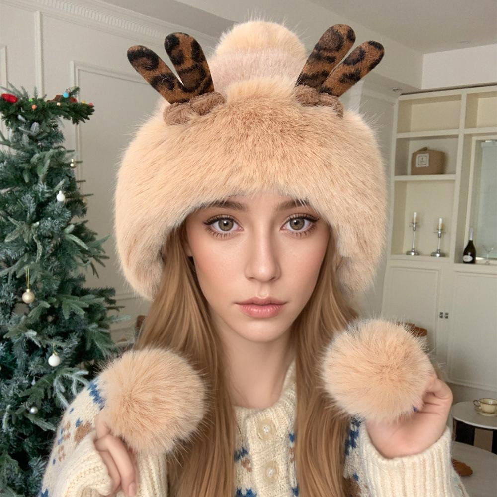 

Women Cute Elk Horn Winter Hat Young Trendy Streetwear Plush Fur Pompoms Knitted Hat Girls Lovely Hats Female Dandy Cap 56cm-60cm хаки