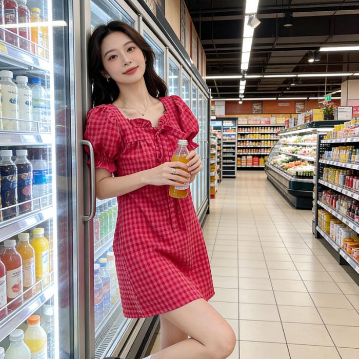 Summer new pure desire wind sweet temperament bubble sleeve dress women s red plaid age-reducing suspender skirt S