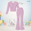Girls Black Blue Printed Round Neck Long Sleeve Top Flared Pants Two Piece Set