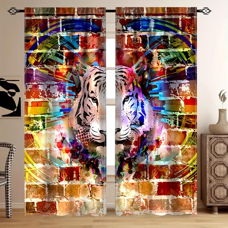 2pcs White Tiger Style Printed Curtain For Home Decor Rod Pocket Window Treatment For Bedroom Office Kitchen Living Room Study