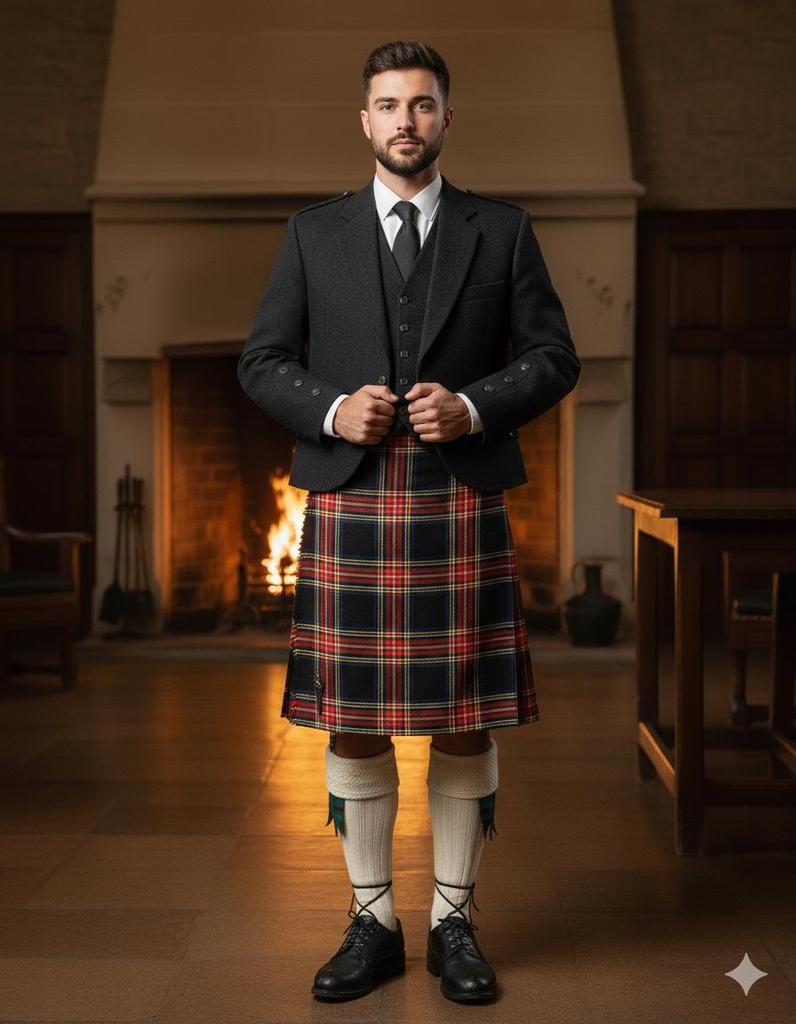 Scottish Kilt Black Stewart Tartan Traditional Highland Wedding Party Attire