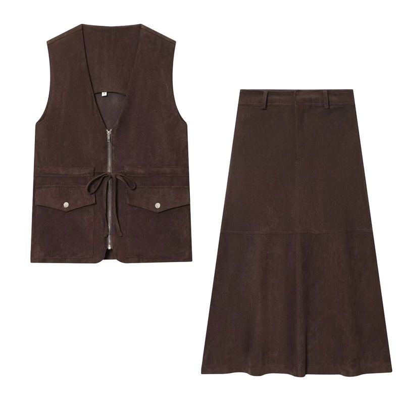Za Autumn New Women's Clothing Zr European and American Style Velvet Vest Midi Skirt with Pockets 4344628 4344630