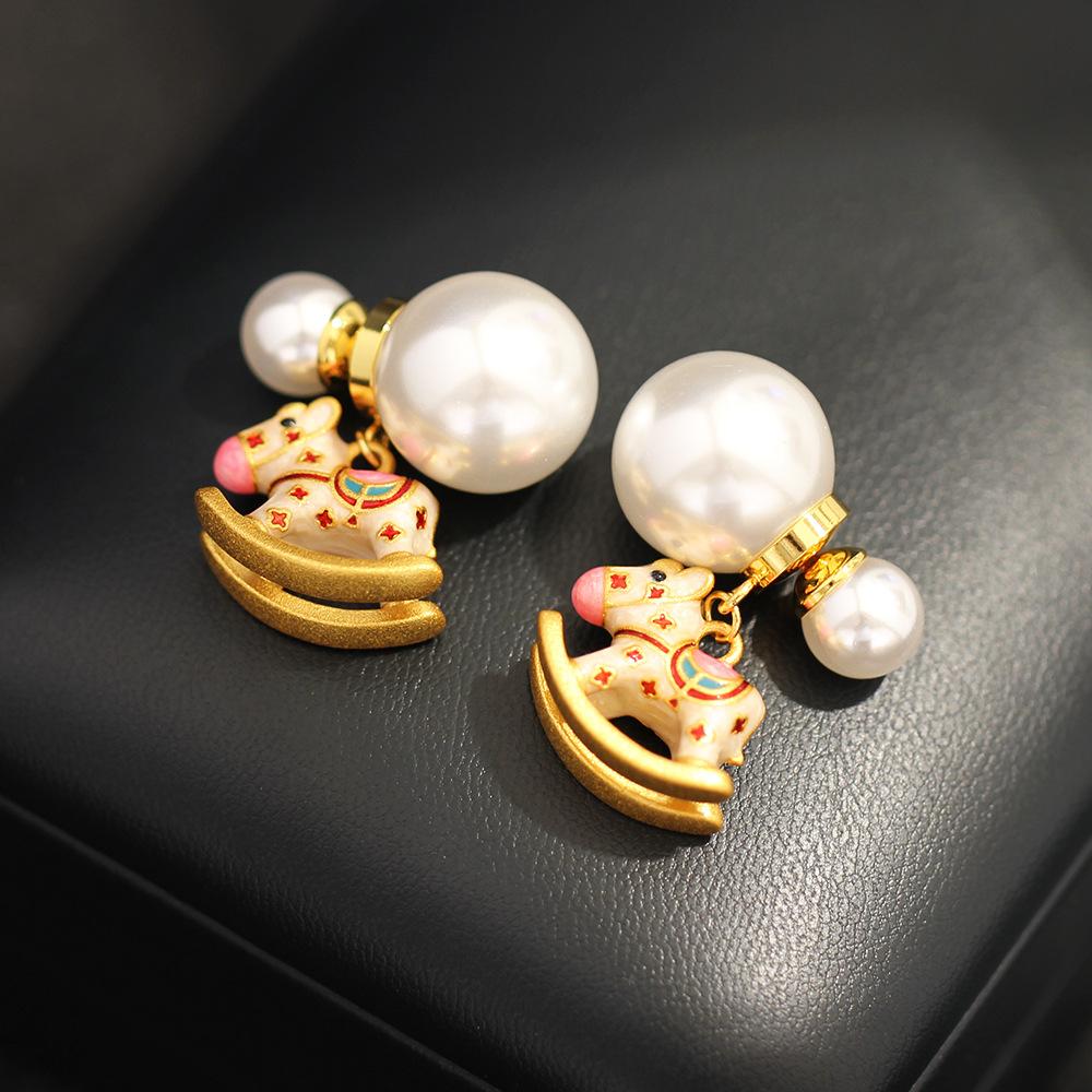 Childlike fashion exquisite color enamel Trojan horse pearl earrings retro light luxury versatile two wear women's silver needle earrings