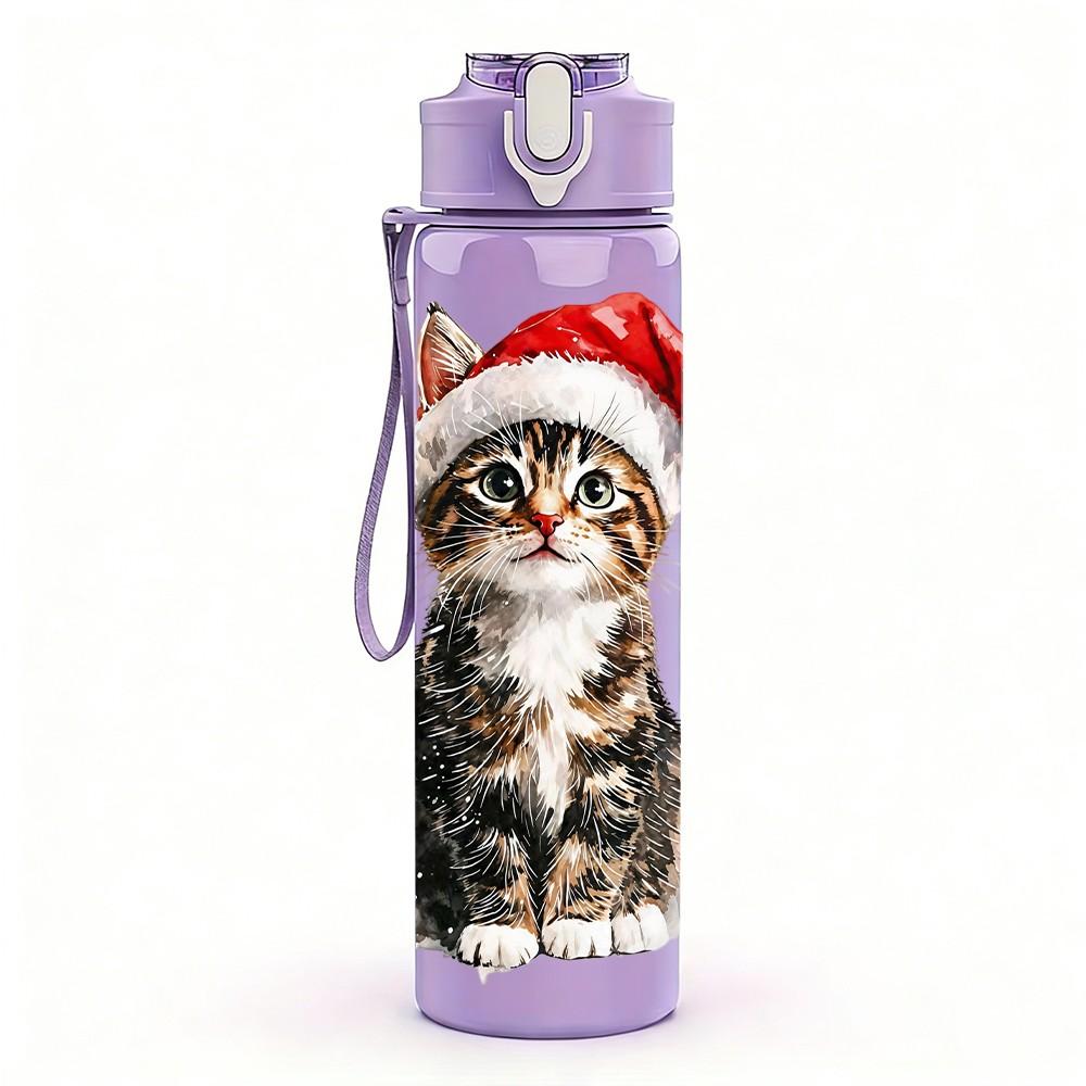 1PC Cat Wear Santa Hat 750ml Color Plastic Sports Water Bottle Leakproof Flip Straw Lid Suitable for Sports Office Home Use