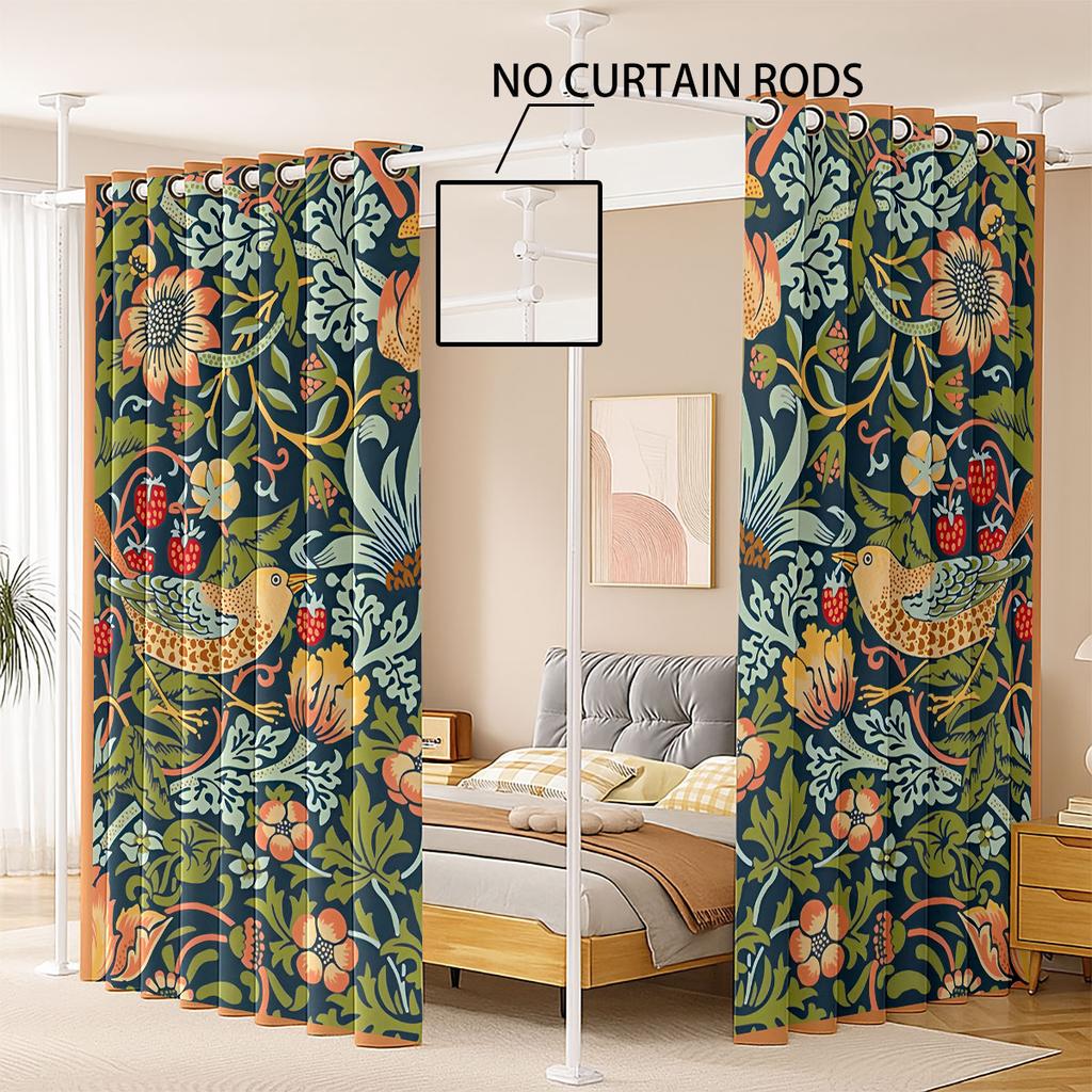 2pcs Retro Beautiful Pattern Printed Perforated Blackout Curtains Multiple Sizes Living Room And Bedroom Insulation Decoration