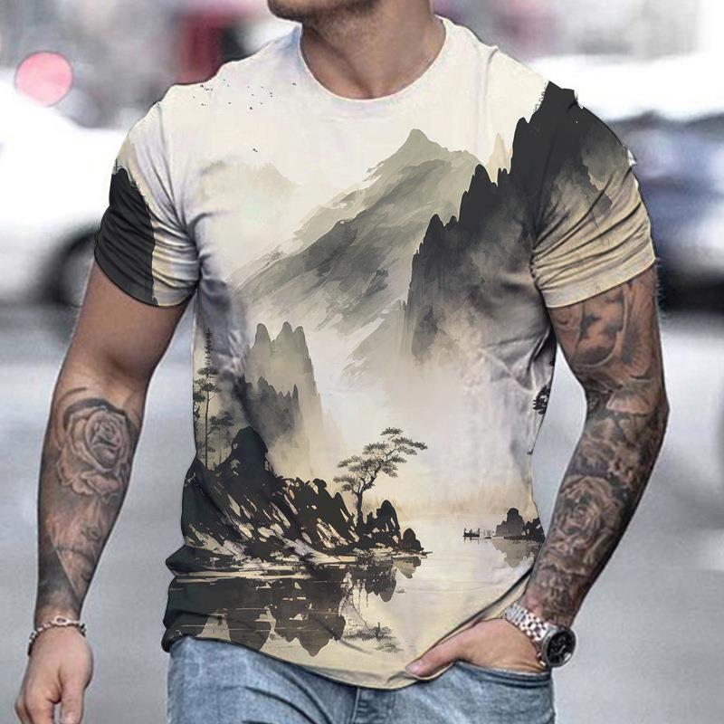 New Spring Men's Personalized 3D Landscape Printed Short Sleeved T-shirt