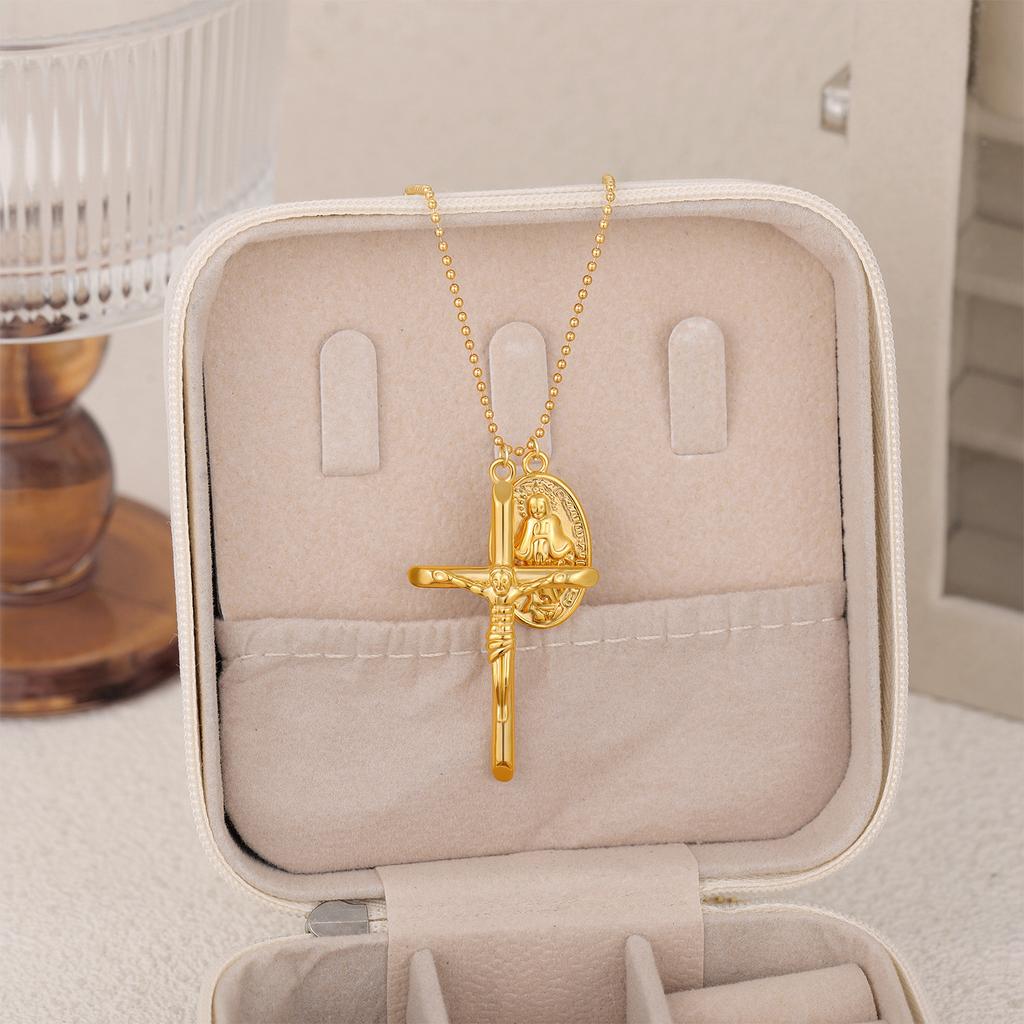 Vintage Cross Pendant Necklace Multi-layer Necklace Beautiful Head Round Bead Chain Collarbone Chain