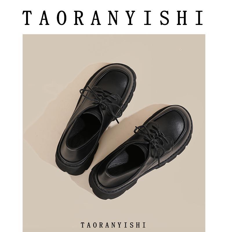 3-3 Thick-soled Muffin Small Leather Shoes for Women, Patent Leather Retro Lace-up Round Head Thick Heel Single Shoes for Women