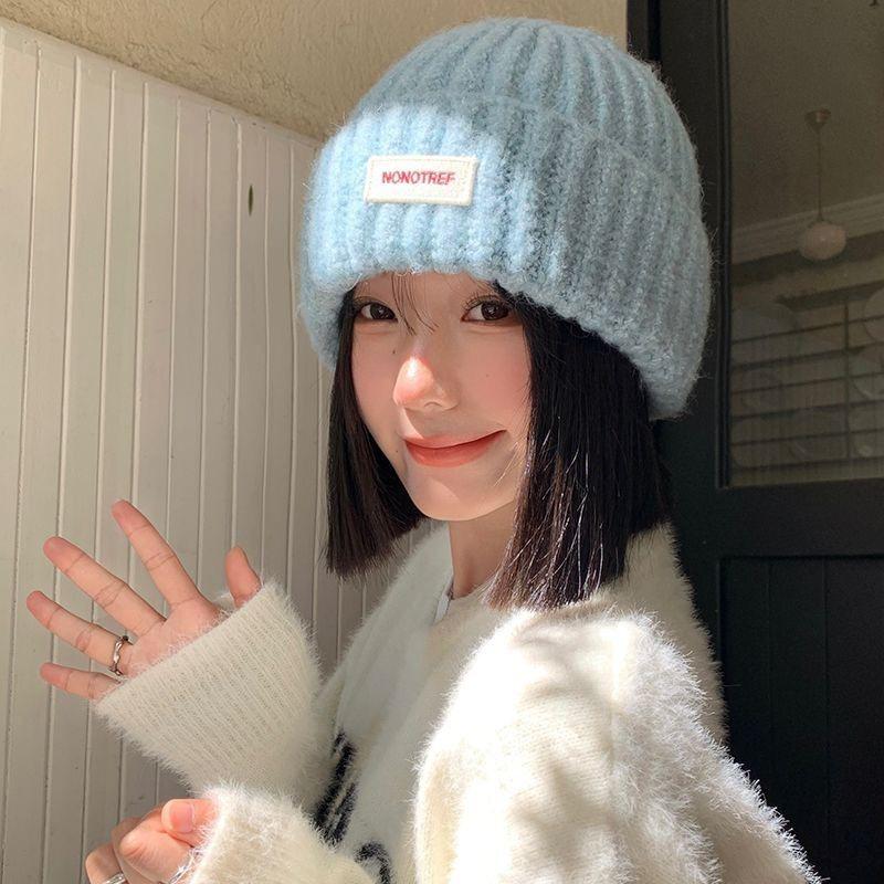 Blue Knitted Wool Hat for Women In Autumn and Winter Big Head Versatile Hat Showing Face Small Warm Ear Protection Head Hat
