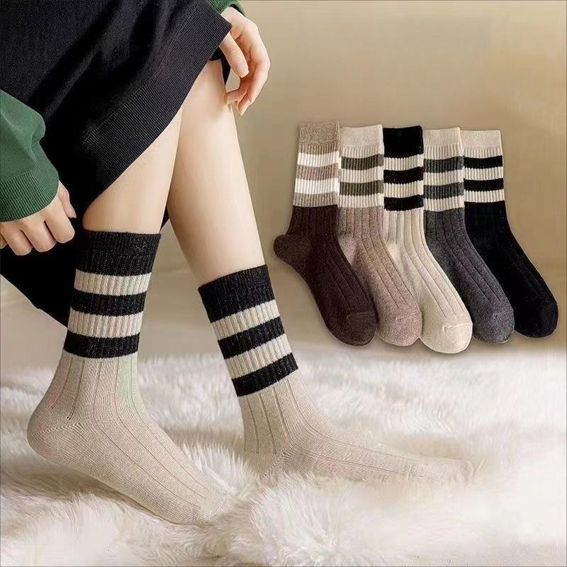 Girls Can Wear Mid Length Women's Socks In All Seasons, with Maillard Colored Ribbed Double Bar Striped Socks for Warmth, Simplicity, and Fashion