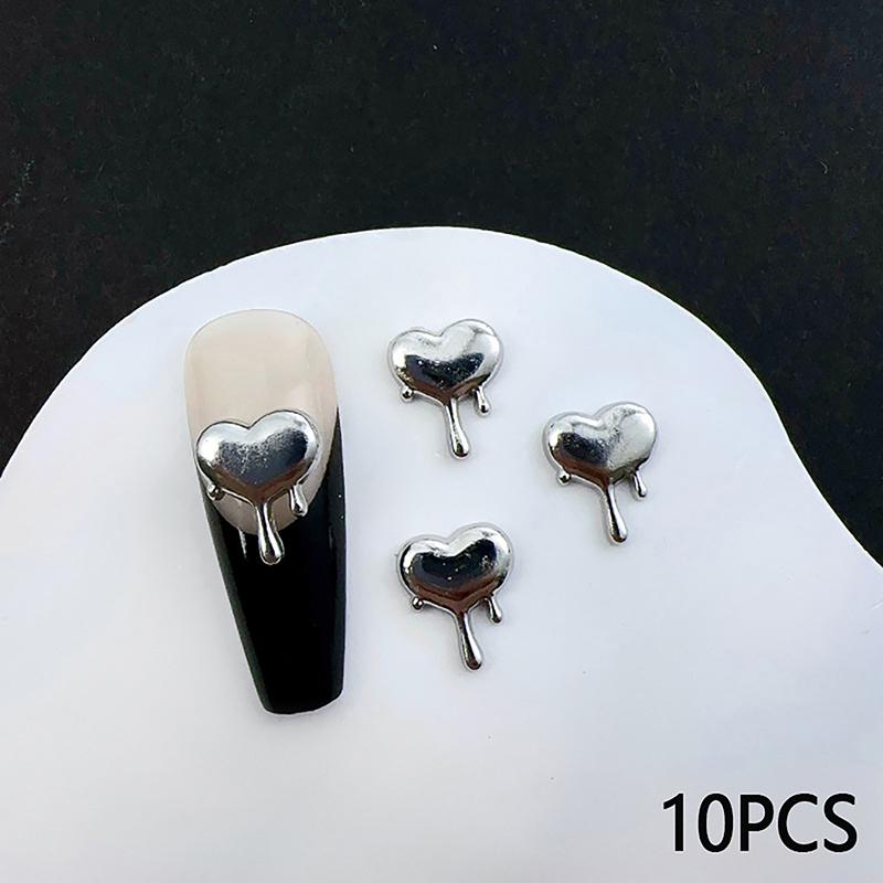 10Pcs/Bag Alloy Lava Love Nail Art Jewelry Gold Silver 3D Diy Nails Accessories Professional Supplies Metallic Heart Decorations