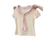 Women's Summer Sweet Doll Collar Tie-Up Short Sleeve Slim-Fit T-Shirt, Korean Style, Versatile & Chic.