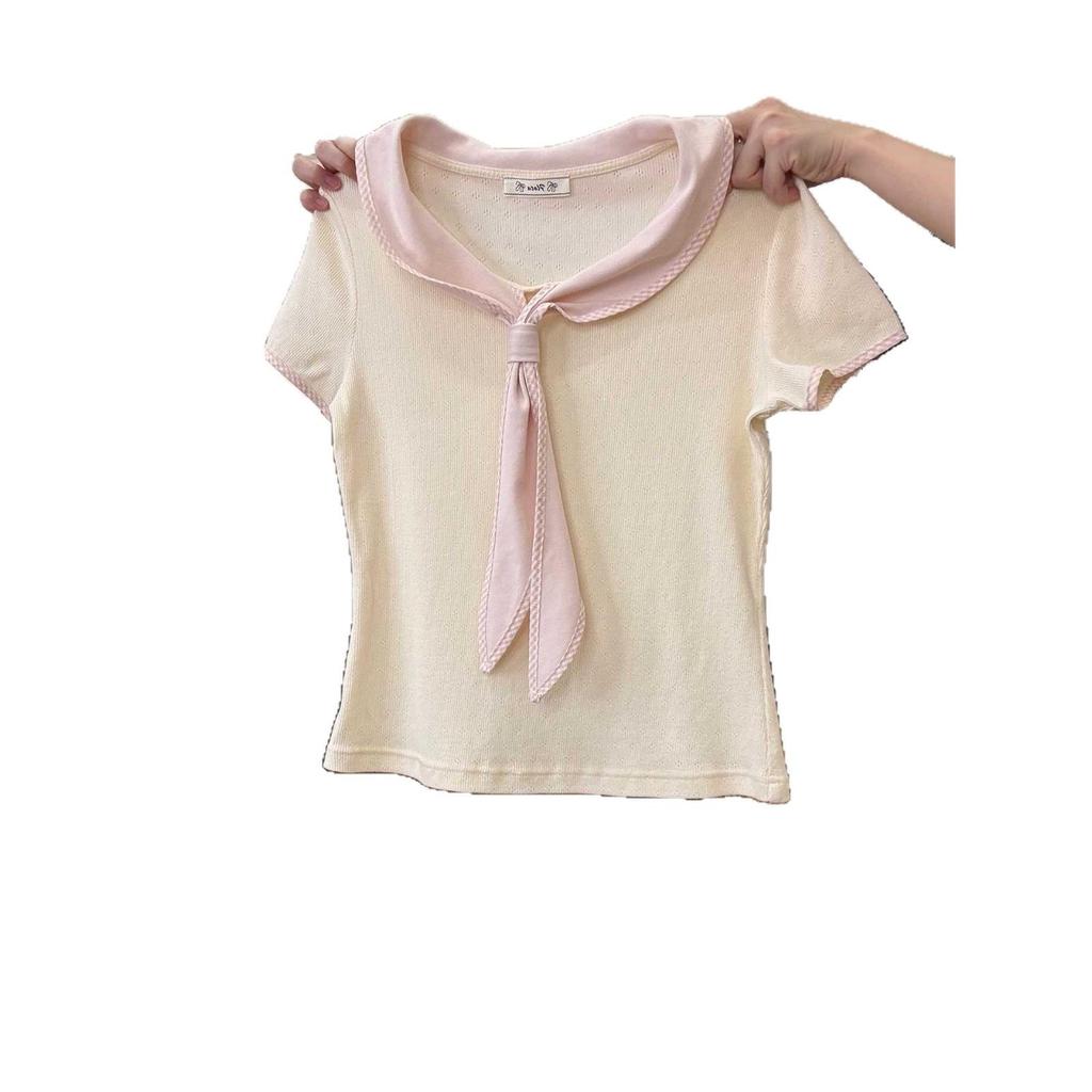 Women's Summer Sweet Doll Collar Tie-Up Short Sleeve Slim-Fit T-Shirt, Korean Style, Versatile & Chic.