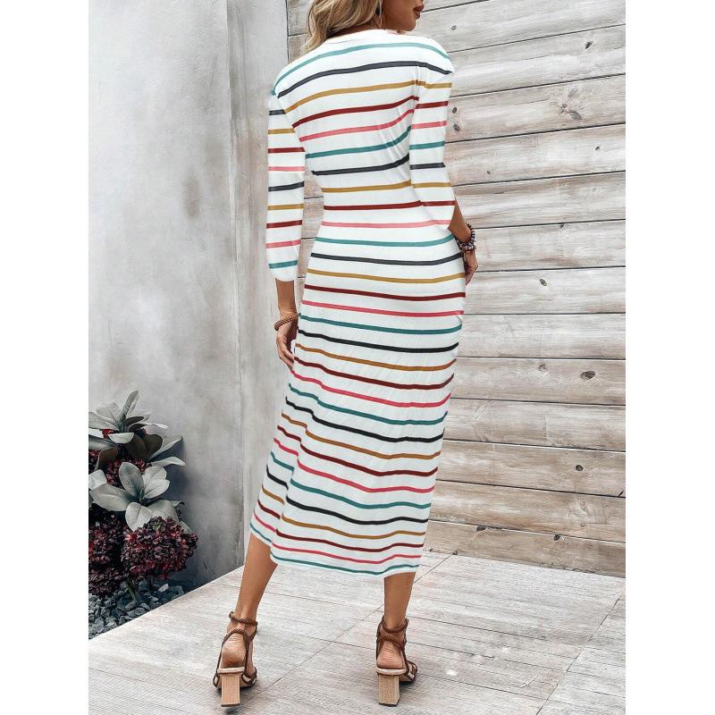 Women's Printed Striped Round Neck Lace Up Dress
