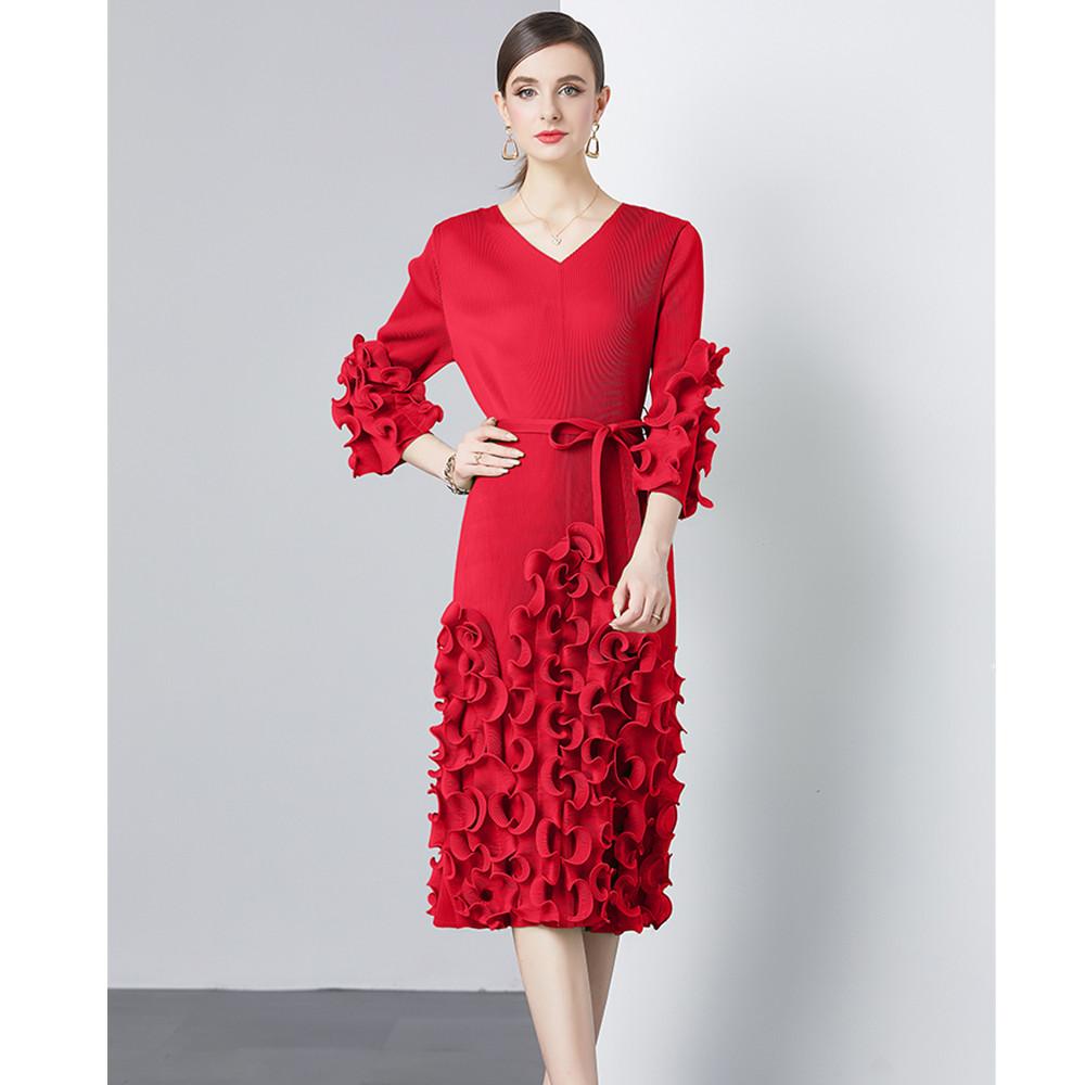 

Жіноча плісирована сукня Miyake із рюшами в стилі печворк, європейська мода 2024 року, однотонне літнє плаття до коліна, що тягнеться, з V-подібним вирізом XXL червоний