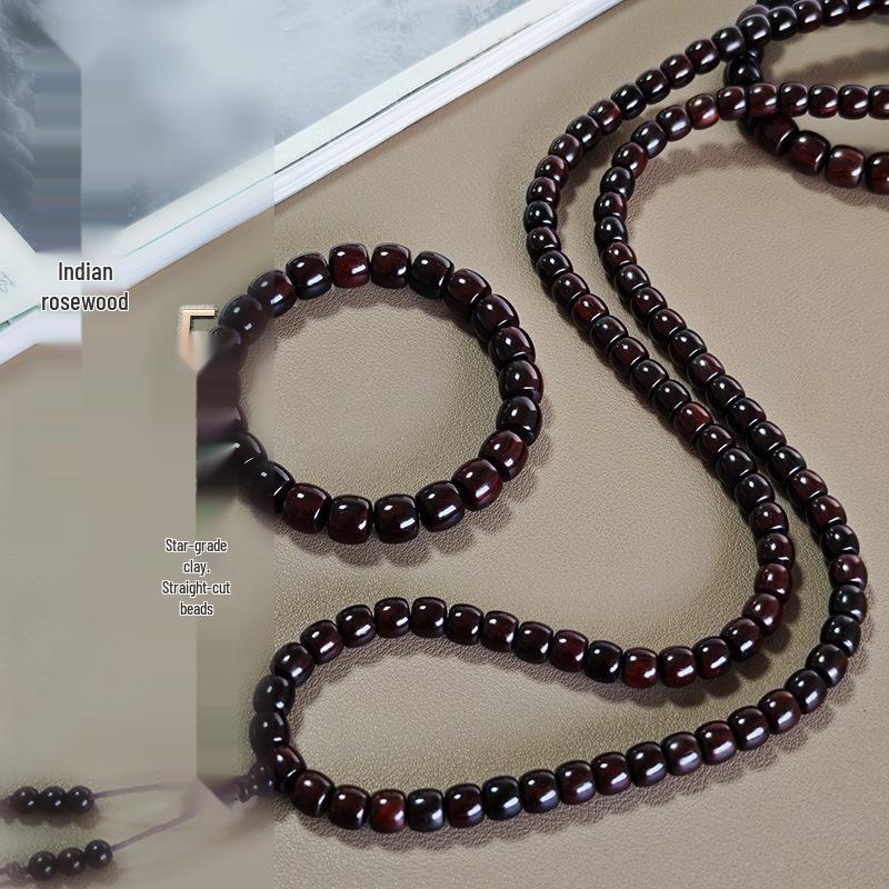108-Bead Red Sandalwood Bracelet: Small Leaf, Glass Base, Straight Cut Buddhist Prayer Beads for Men  Women 22 beads, 8x9mm