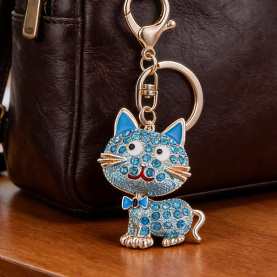 Keychain Pendant 3D Cartoon Cat Design Sparkling Rhinestones Inlaid Key Chain with Lobster Clasp Key Ring Bags Accessories