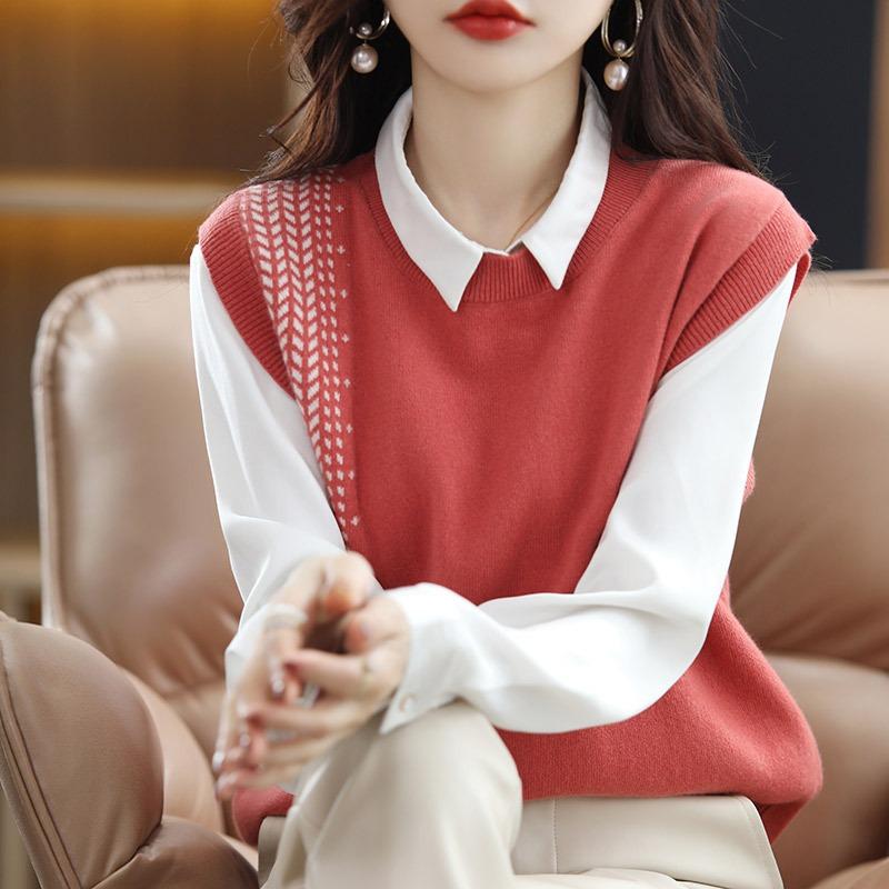 Spring and Autumn Vest Vest, Crew Neck Splicing Sleeveless Sweater Loose Outer Knitted Vest