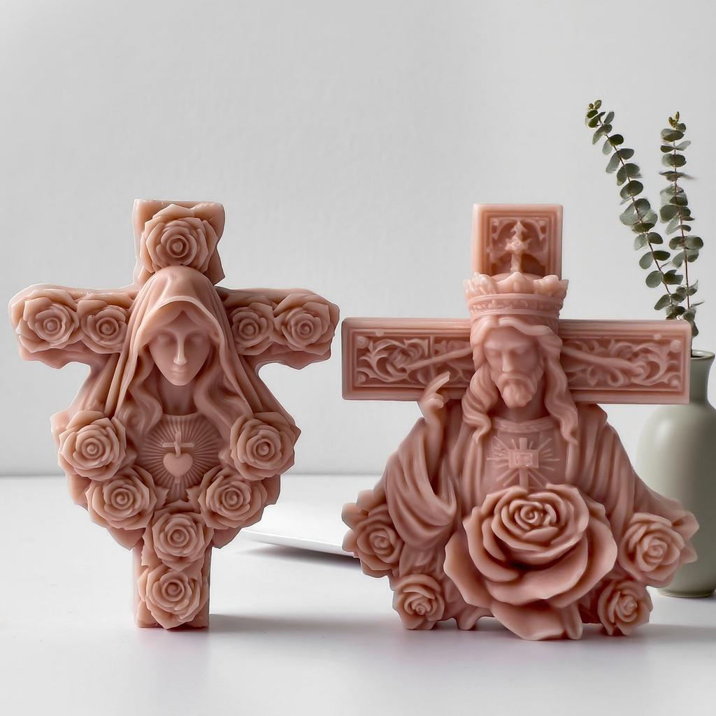 DIY Jesus Portrait Rose Cross Silicone Candle Mold Handmade Aroma Gypsum Resin Ornament Mold Candle Making Supplies